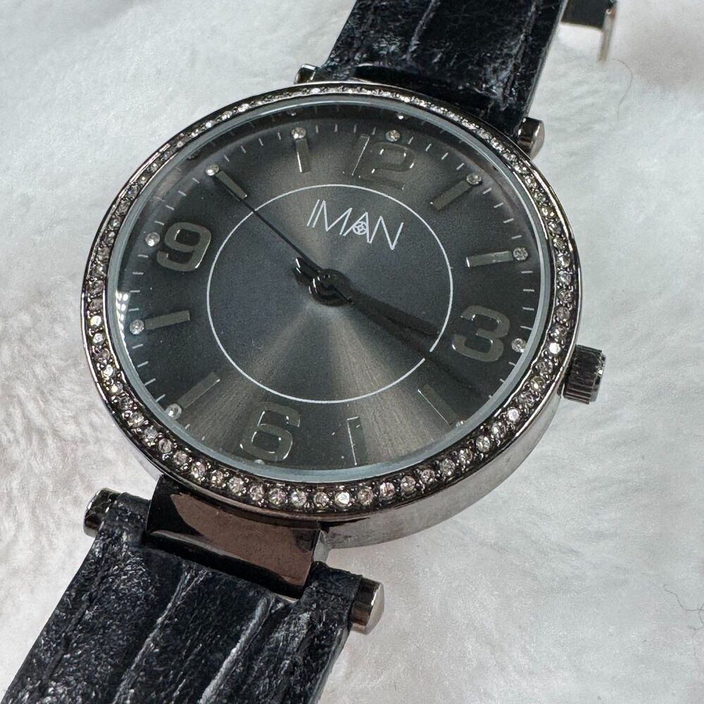 IMAN Silver Leather Band Watch With Rhinestone Bezel